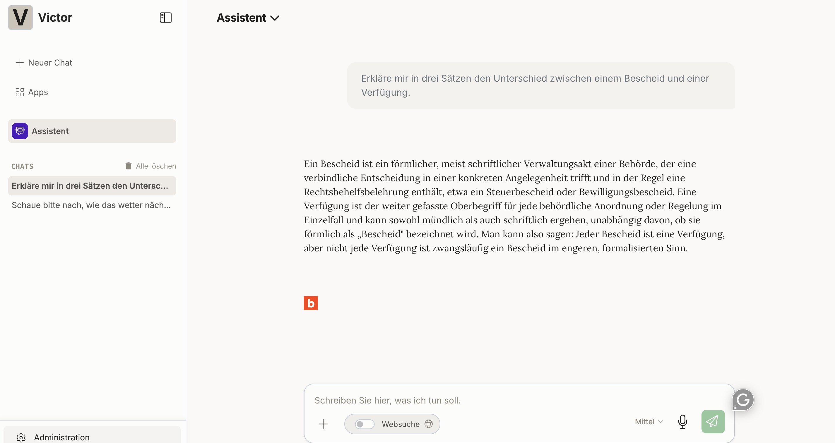 The chat interface in basebox