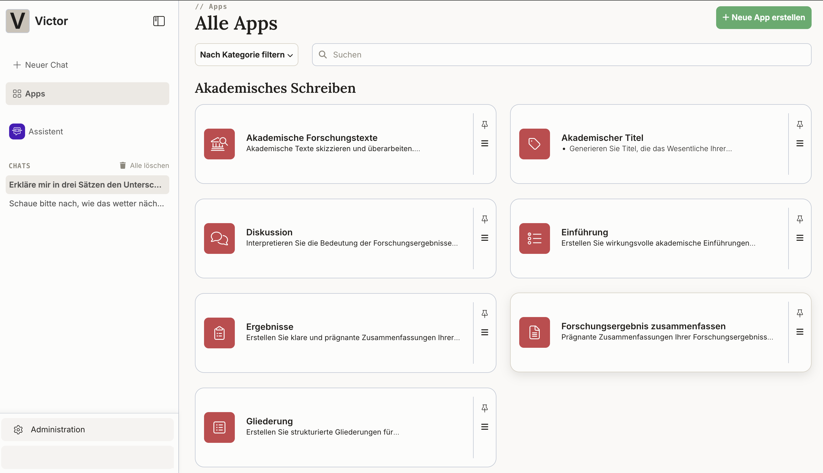 The "All apps" overview with example apps