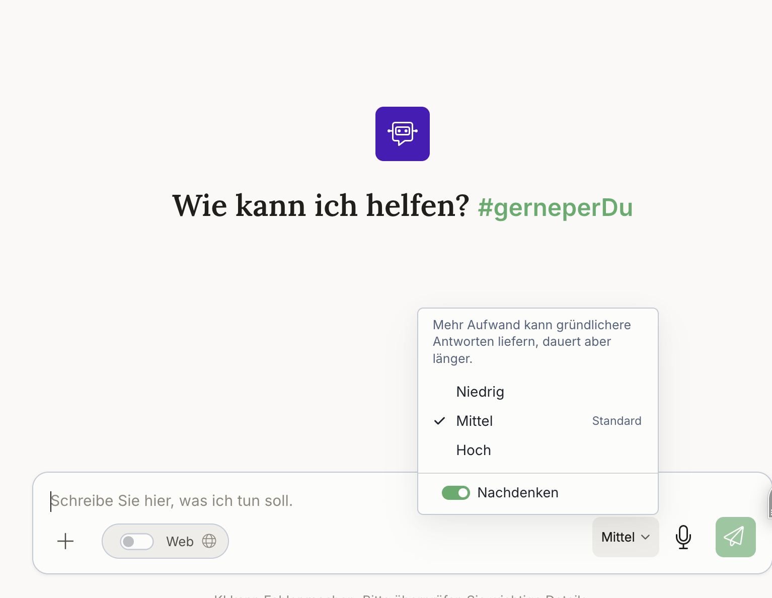 Die Reasoning-Auswahl im Chat-Eingabebereich