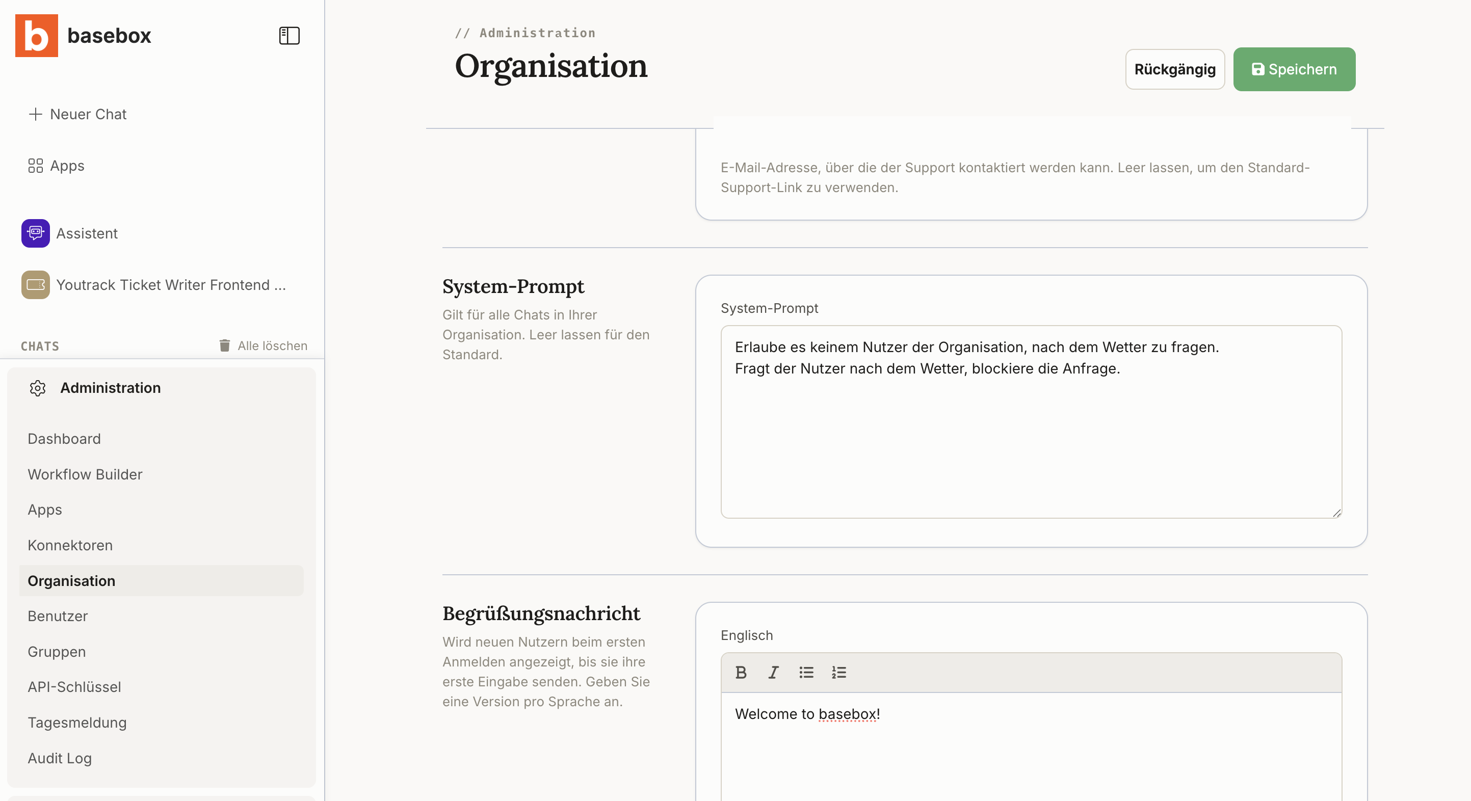 Administration → Organisation, Abschnitt System-Prompt mit Eingabefeld und Hilfetext
